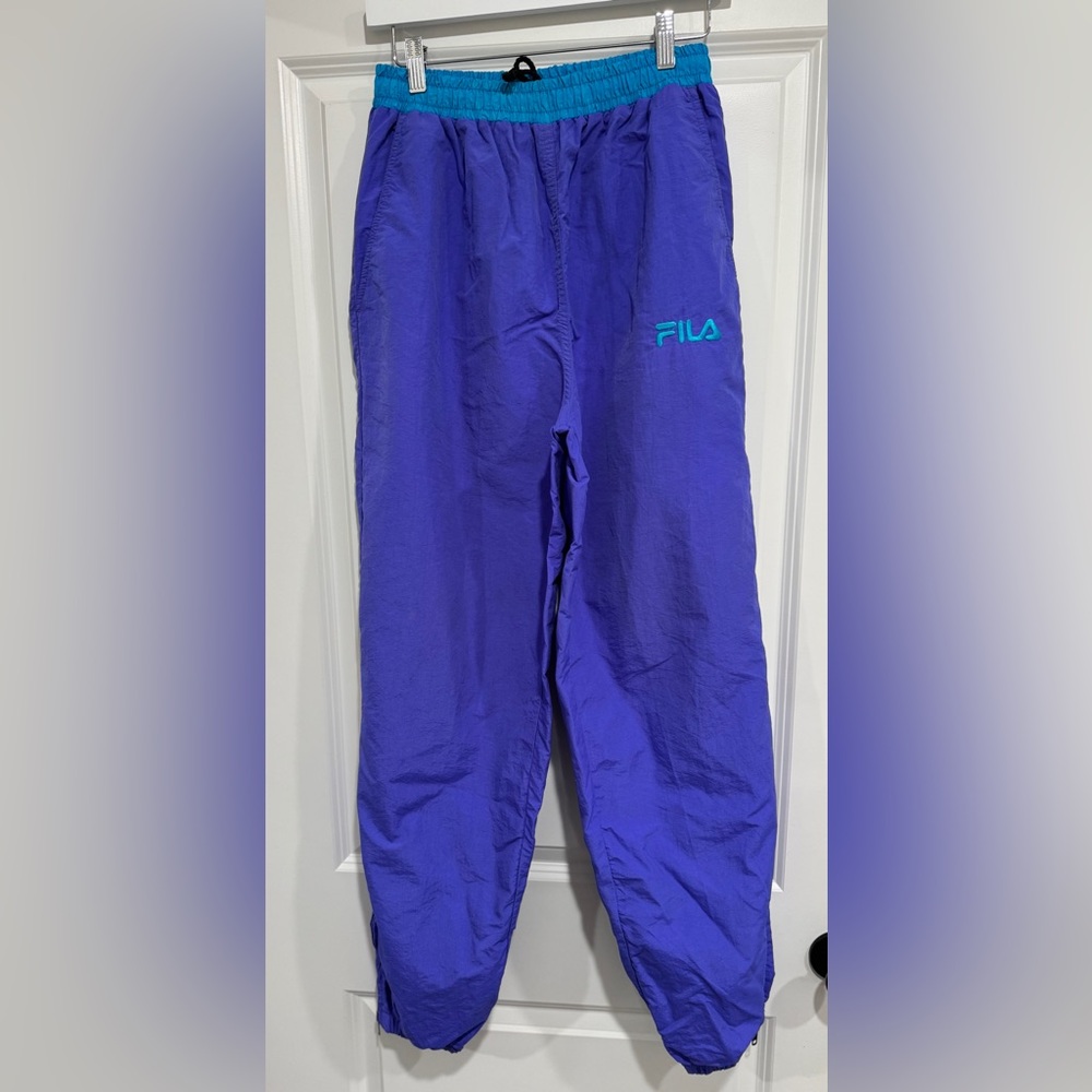 Fila Vintage Purple Teal Color Block Track Pants‎ Women's Large Nylon Zip Ankle